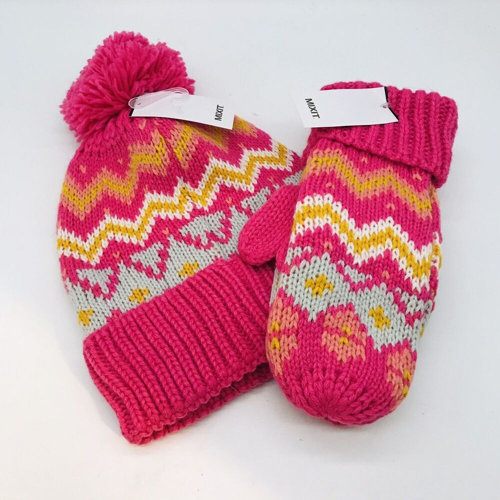 MIXIT Winter Beanie & Mitten Combo Pack Womens Shocking Pink PomPom Stocking Hat
